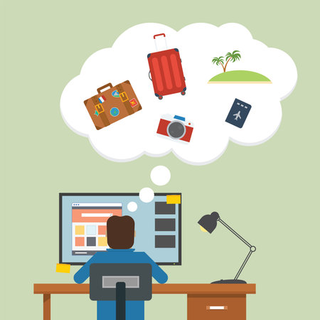 Man working using his computer in desk but thinking of holidayのイラスト素材