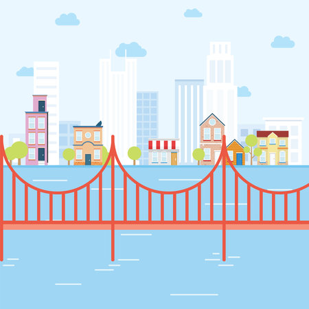 City concept with bridge that looks like san fransiscoのイラスト素材