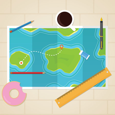 Maps on table with pointer direction and stationery around itのイラスト素材