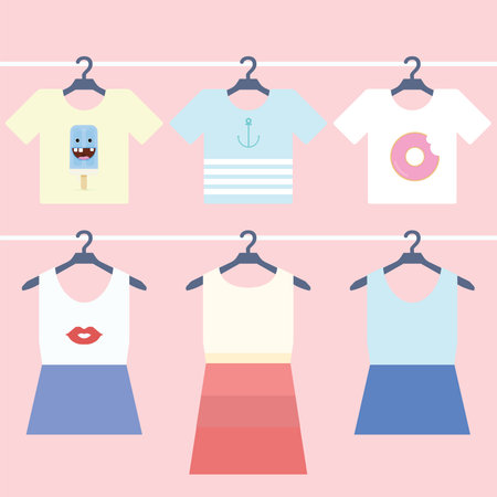 Clothes collection hanging on the pink wallのイラスト素材