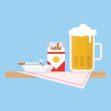 Wooden table with table cloth and beerのイラスト素材