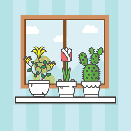 Interior with flower pot behind the windowのイラスト素材