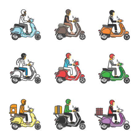 People ride scooter and delivery service with outline and different styleのイラスト素材