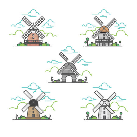 Windmill modern linear icon with flat design and outlineのイラスト素材