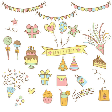 Hand drawn birthday party icon with cute and colorful styleのイラスト素材