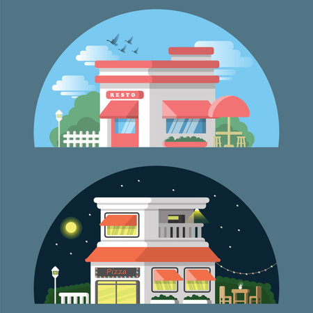 Restaurant and Pizza in day and night time with flat designのイラスト素材