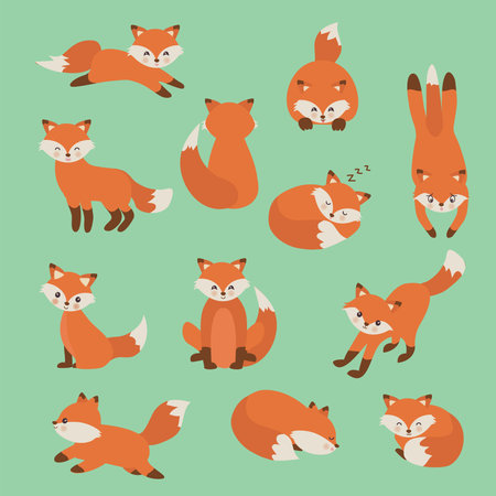 Hand drawing cute fox with a lot of variationのイラスト素材