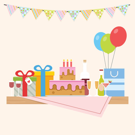 Birthday party concept with cake, gift and decoration on the tableのイラスト素材