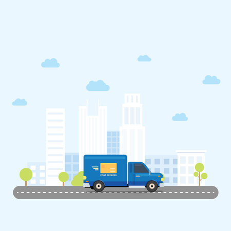 Van Truck post delivery across city at afternoonのイラスト素材