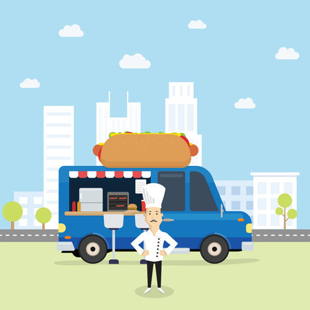 Food Truck selling hamburger and hotdog with chef in front of itのイラスト素材