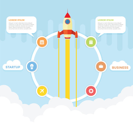 Startup and business infographic with rocket launching in the backgroundのイラスト素材