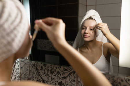 Beautiful caucasian woman with a towel on her head in the bathroom after a shower, looks in the mirror and applies serum to her face with a pipette and smiles. Skin care.の写真素材
