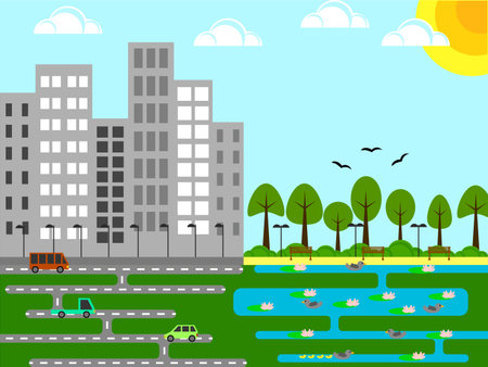 Summer Industrial City with a Park and Pond Flat Designのイラスト素材