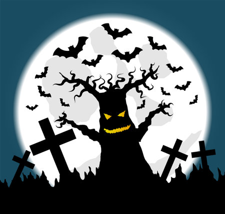 Halloween illustration with full moon and scary old tree in graveyardのイラスト素材