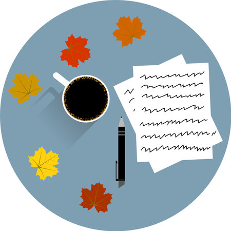 Table with a cup of coffee pen papers and colorful maple leavesのイラスト素材