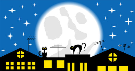 Cats on the roof at night in the moonlight under starlit skyのイラスト素材