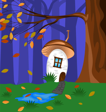 Mushroom House under the Tree in Autumn Forestのイラスト素材