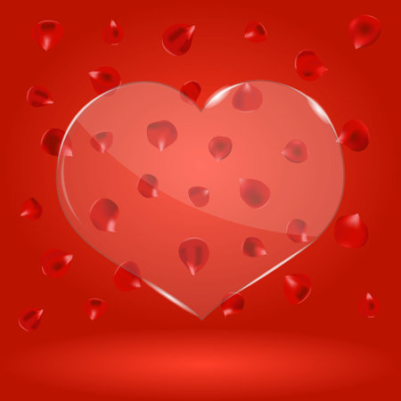 Transparent Glass Heart with Rose Petals on Redのイラスト素材