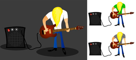 Rock Guitarist with Long Hair and Amplifier Playing Guitarのイラスト素材