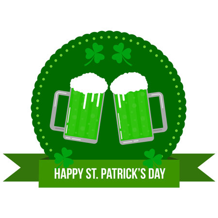 Happy St. Patricks Round Banner Badge with Pints of Green Beer Flatのイラスト素材