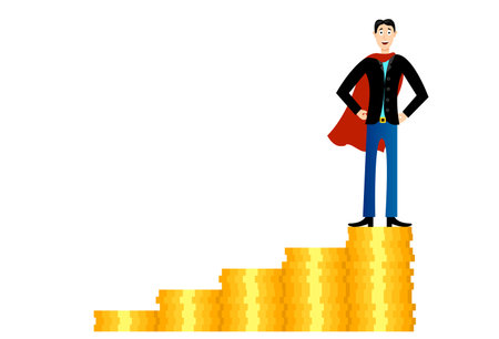 Businessman superhero character standing on pile of gold coins.のイラスト素材