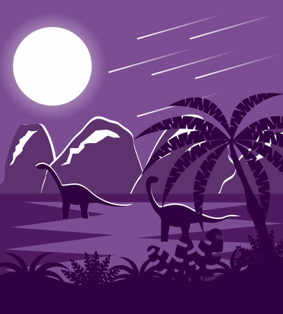 Dinosaurs in Prehistoric Jurassic Park Flat Landscapeのイラスト素材