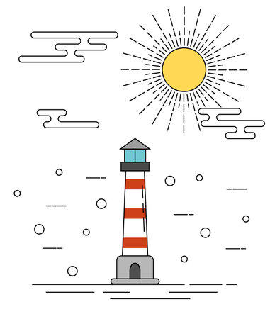 Lighthouse in the Sunshine Flat Thin Line Artのイラスト素材