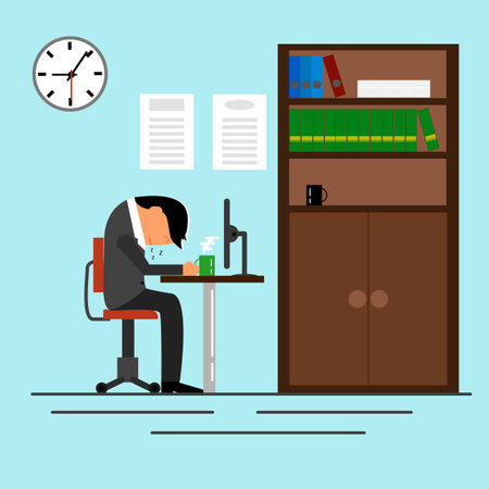 Tired Businessman Sleeping in The Office with a Cup of Coffeeのイラスト素材