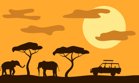 Elephants in Savannah and Safari Car at Sunset Flat Styleのイラスト素材