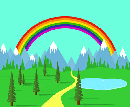 Road in the Valley among Mountains with Rainbowのイラスト素材