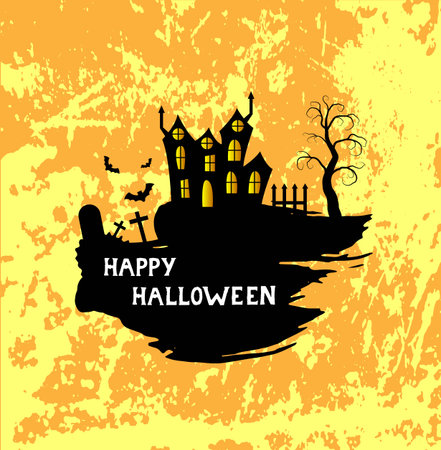 Happy Halloween Poster with Brushes Castle and Scary Graveyardのイラスト素材
