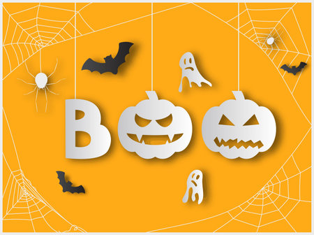 Boo Word with Pumpkins and Spider Webs Hanging from Aboveのイラスト素材