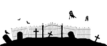 Silhouette of Graveyard Fence with Flying Ghosts. Halloween theme vector artのイラスト素材