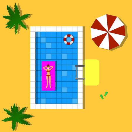 Happy Woman Relaxing in Pool Top Viewのイラスト素材
