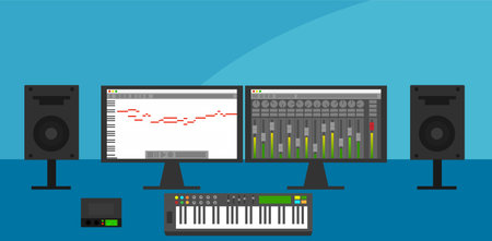 Computer with DAW Session in Home Recording Studioのイラスト素材