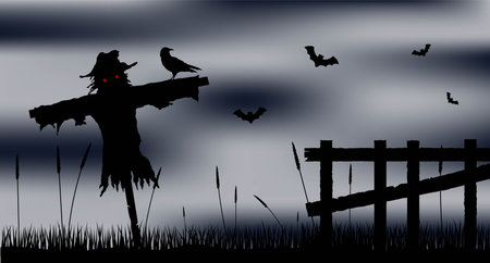Scarecrow Silhouette in the Field with the Fence at Nightのイラスト素材