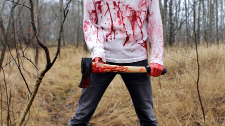 Maniac in the forest holding a blood stained axの写真素材