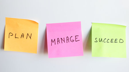 Plan Manage Succeed Self Stickers on Fridge Door. Successful Buisness Strategy Concept photo.
