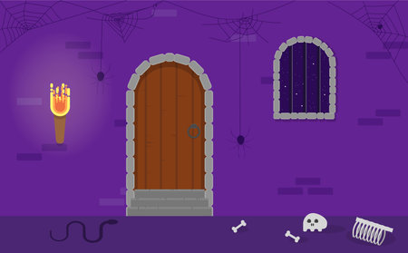 Dungeon Door with Human Bones and Spiders Flat Style. Halloween Holiday Vector Illustration.のイラスト素材