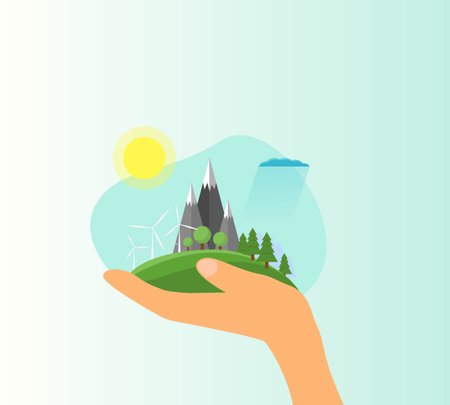 Hand Holding Green Eco Landscape Flat Style. Vector illustration on topic of nature preservation and green technologies.のイラスト素材