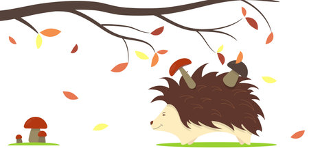 Hedgehog under Maple Tree Branch in Autumnのイラスト素材