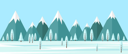 Snowy Winter Landscape with Trees and Mountains Flat Styleのイラスト素材