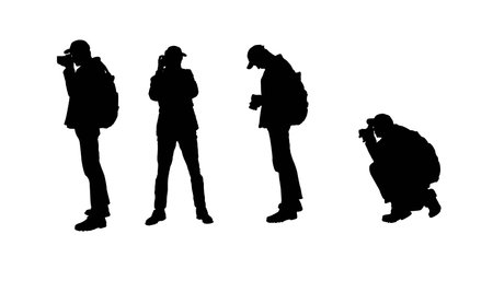 Outdoor Photographer with Camera and Backpack Silhouette in Different Positions while Taking Photosのイラスト素材