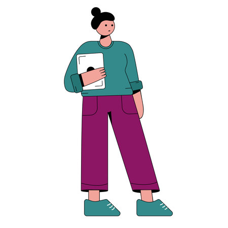 Businesswoman, freelancer holding tablet, with black hair, flat vector, green, turquoise and burgundy clothing colorsのイラスト素材