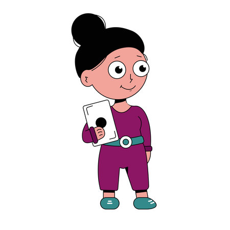 Businesswoman, freelancer holding tablet, with black hair, flat vector, green, turquoise and burgundy clothing colorsのイラスト素材