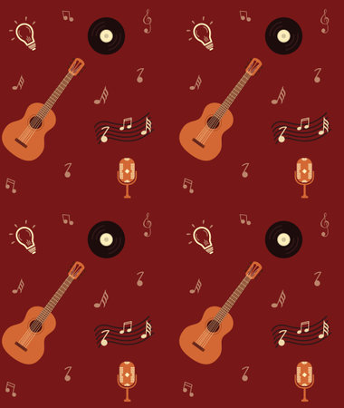 Seamless music pattern, guitar notes, vinyl record, retro style, red backgraundのイラスト素材