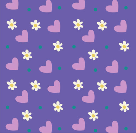Seamless pattern with daisy flower, circles and hand drawn hearts on purple background vector illustration.のイラスト素材