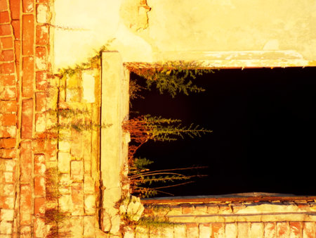 Boarded up derelict building facade peeling paint