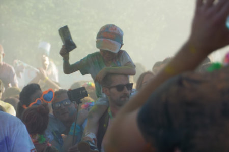 The Color Run. Close-up of marathon, people covered with colored powder.のeditorial素材