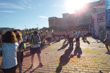 The Color Run. Close-up of marathon, people covered with colored powder.のeditorial素材